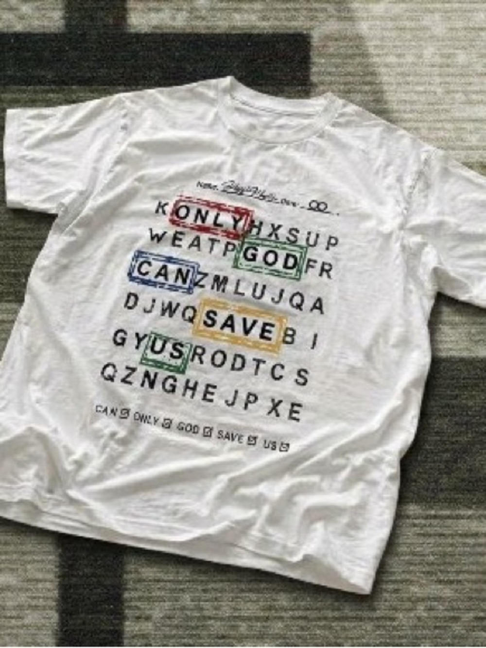 Gildan White Tee with Multicolor Highlighted Eye-Chart Graphic